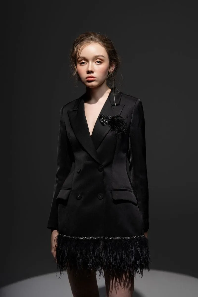 BLACK ROSA TAFFETA FEATHER BLAZER DRESS