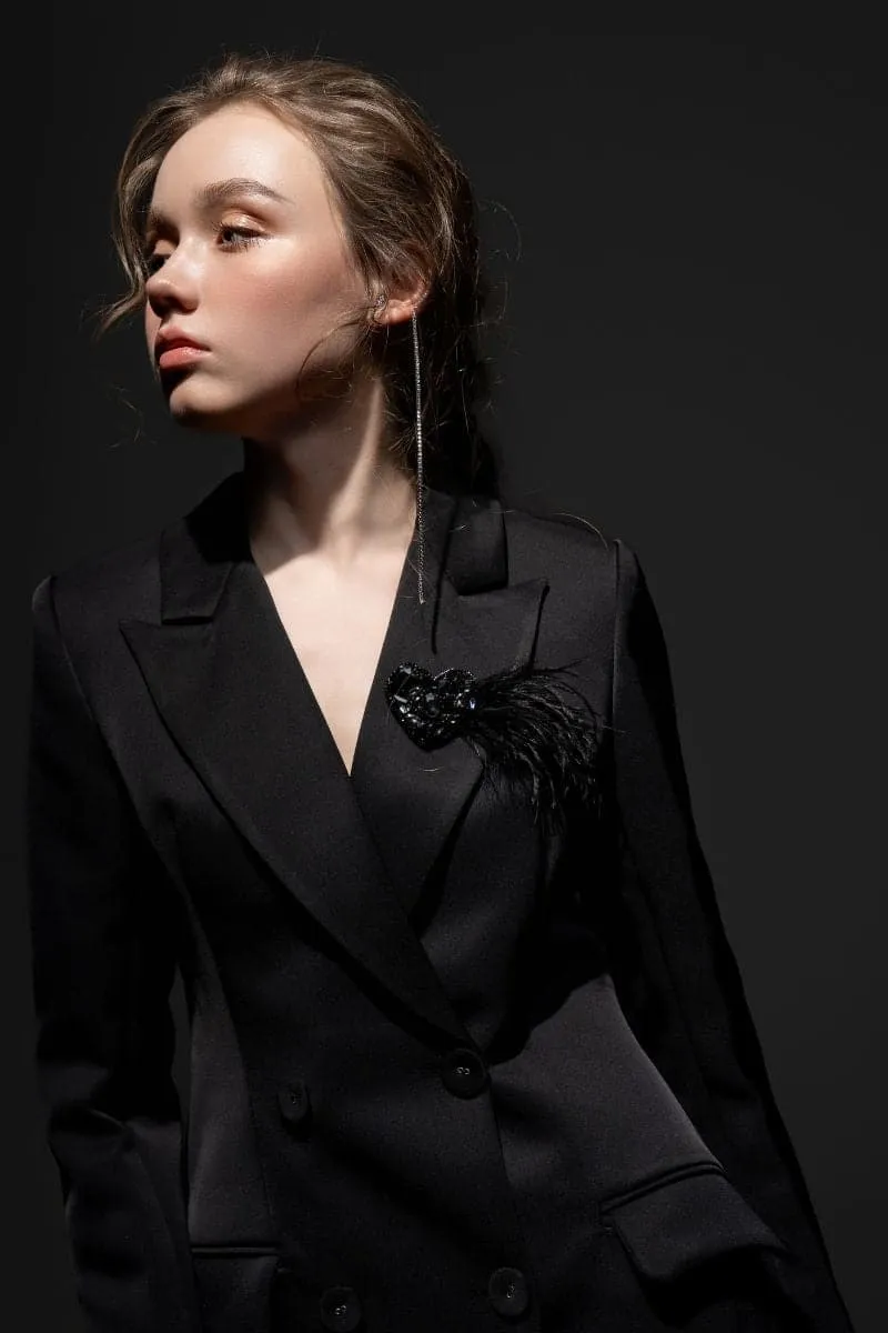 BLACK ROSA TAFFETA FEATHER BLAZER DRESS
