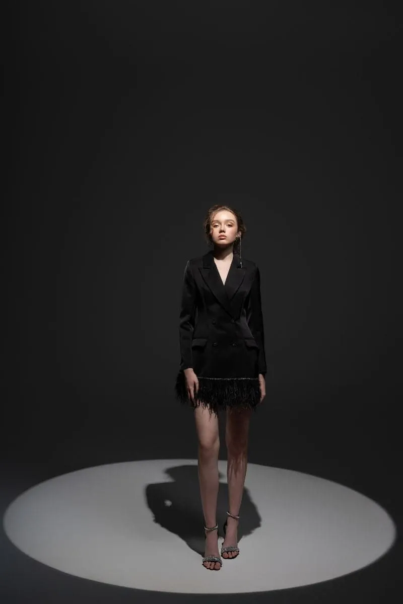 BLACK ROSA TAFFETA FEATHER BLAZER DRESS