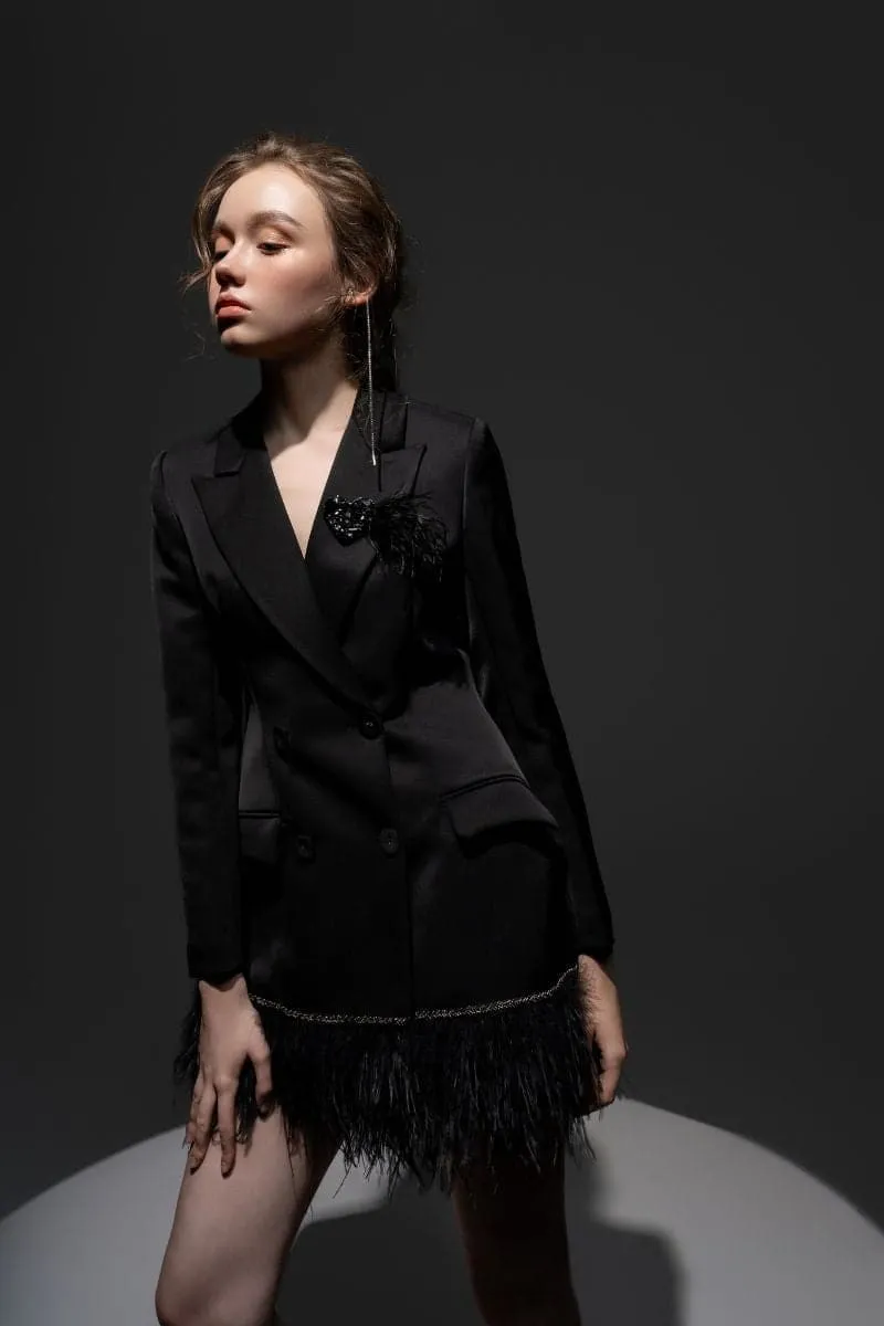 BLACK ROSA TAFFETA FEATHER BLAZER DRESS