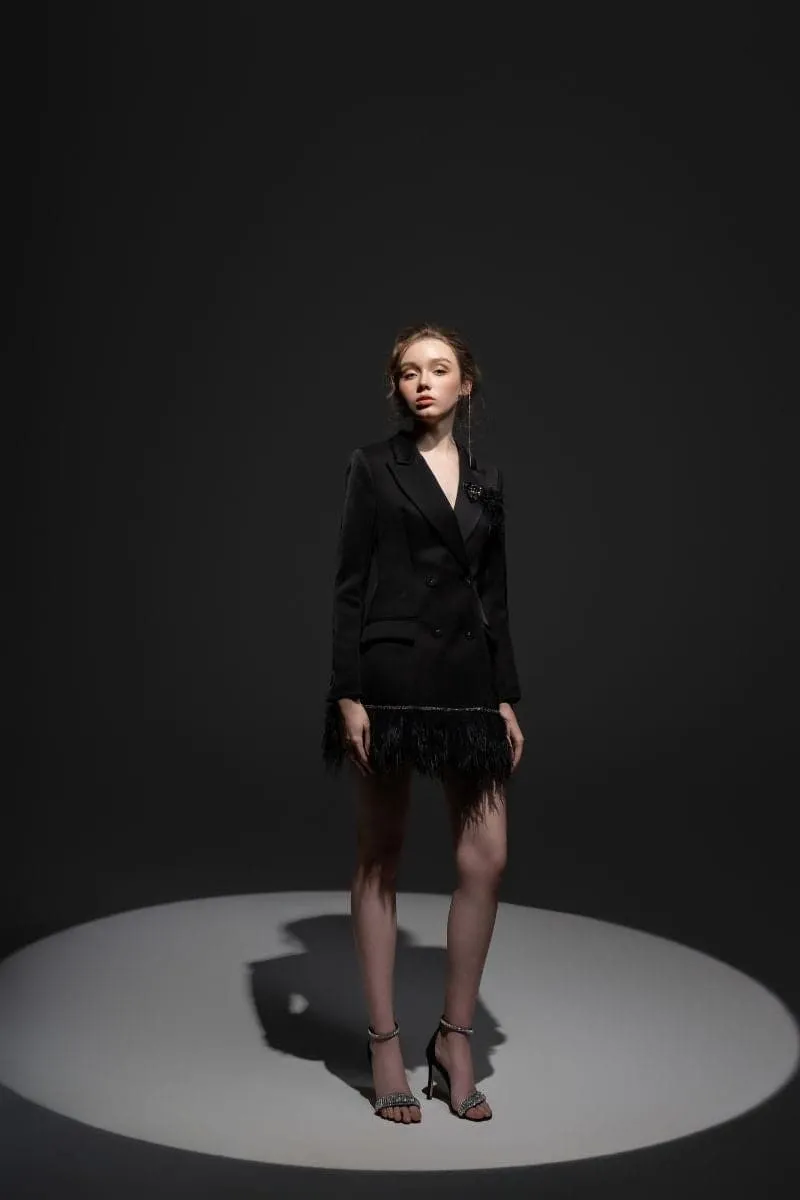 BLACK ROSA TAFFETA FEATHER BLAZER DRESS