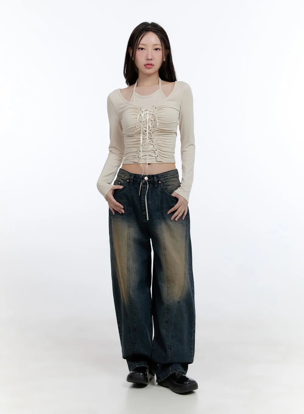 Cari Stitched Washed Denim Baggy Jeans CG413