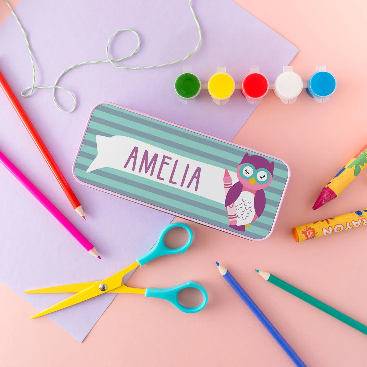 Children's Personalised Wise Owlet Pencil Tin