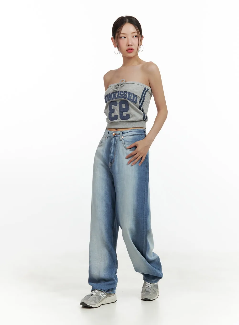 Contrasted Washed Baggy Jeans CU420