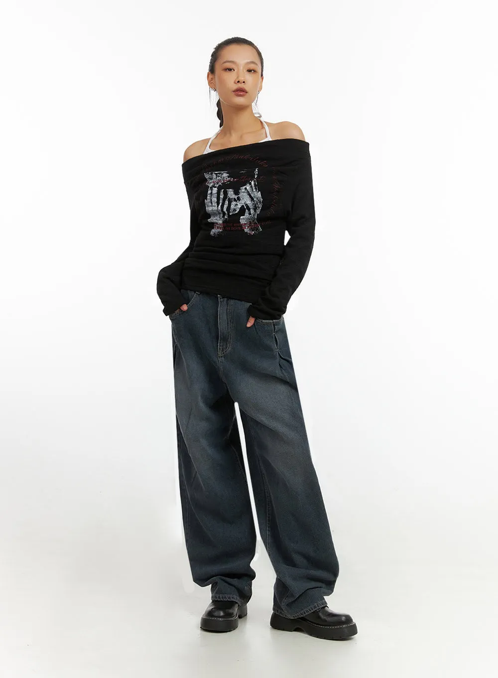 Eloise Pintuck Wide Fit Baggy Jeans IO409