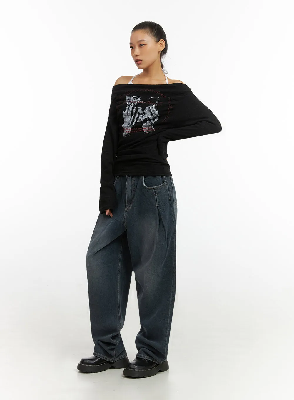Eloise Pintuck Wide Fit Baggy Jeans IO409