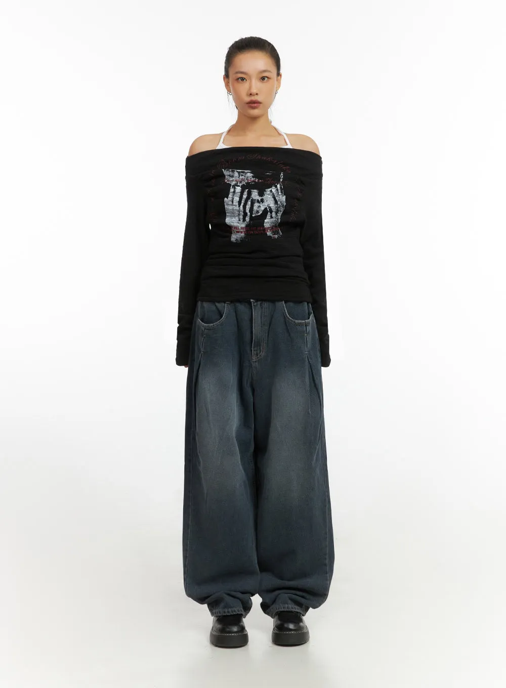 Eloise Pintuck Wide Fit Baggy Jeans IO409