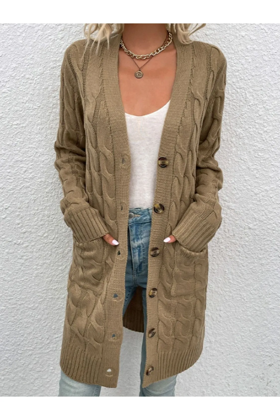 NicholesGifts Women Cable-Knit Button Down Cardigan with Pockets