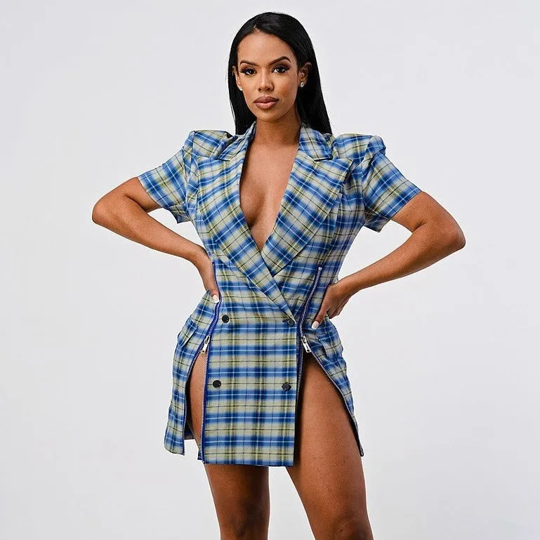 Plaid Blazer Slit Mini Dress